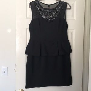 Peplum black short sleeve mesh beaded dress